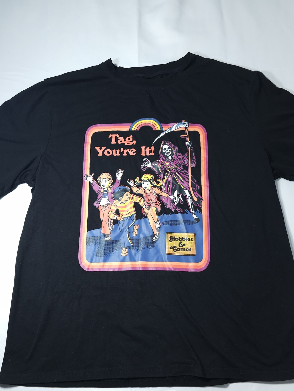 ROMWE Black Short-Sleeve Graphic Tee with Multicolor Retro Print